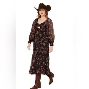 Angie - Floral Cut Out Long Sleeve Midi Dress, NWT